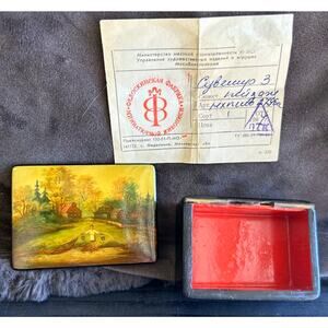 Fedoskino Russian Lacquer Box Signed Hand Painted Village Scene USSR 1983 Cert